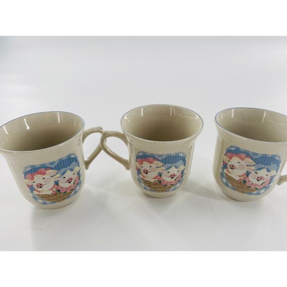 Tienshan Stoneware PIG PALS pink & blue 3.25" teacups SET OF 3 - Picture 2 of 9
